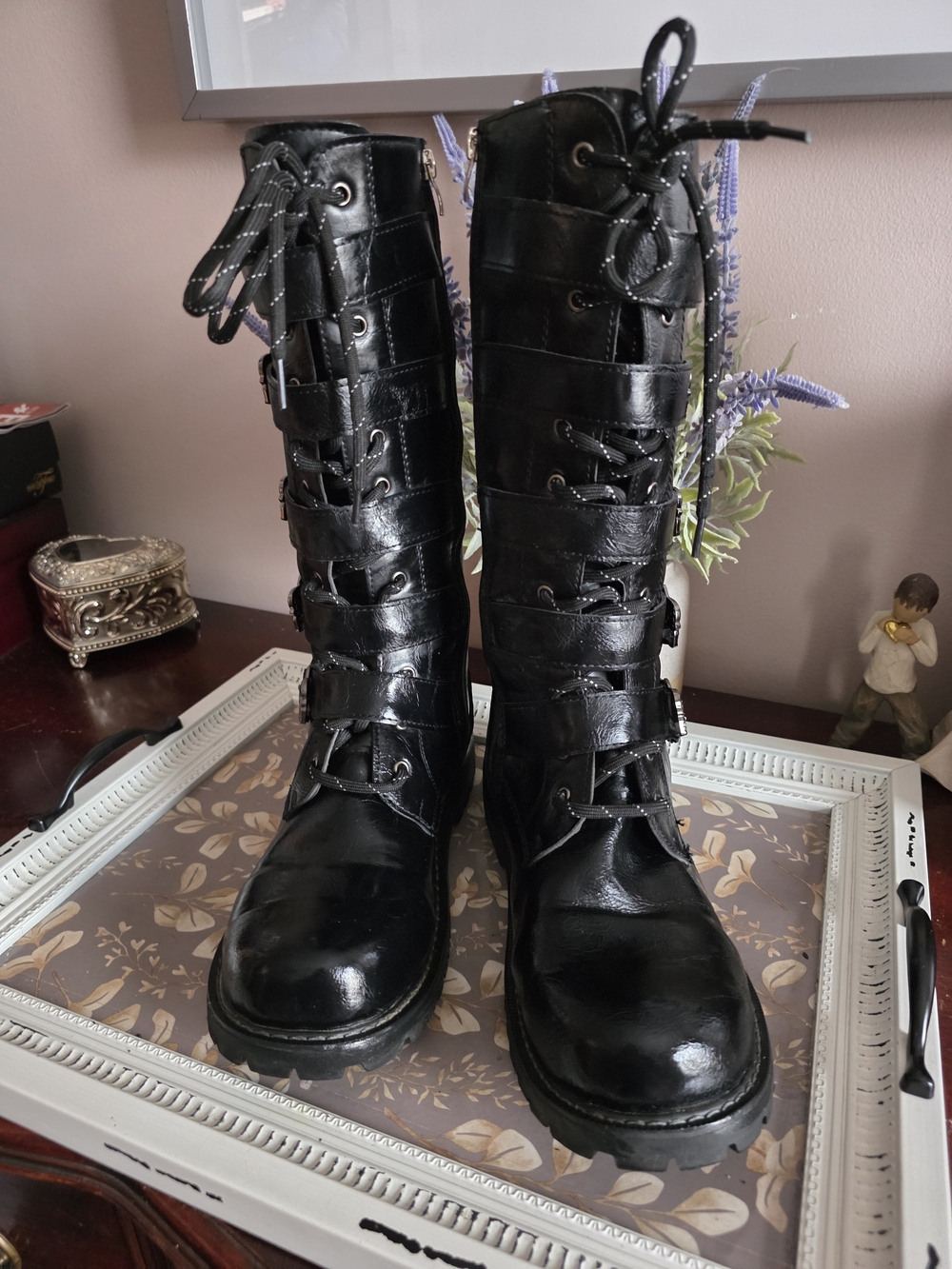 Women's Black Leather Zip Up Skull Head Buckle Combat Boots